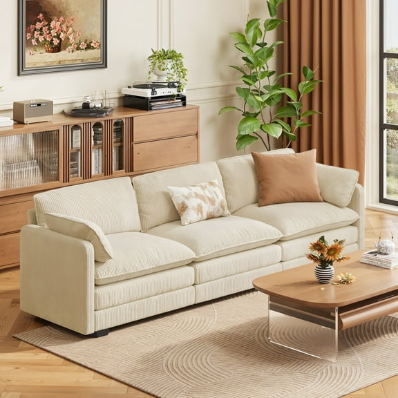 Cloud Couch, 3 Seaters Sofa for Living Room, Double Layer Cushion Cream Couch with Deep Seat & 2 Armrest Pillows for Apartment Office, Corduroy Fabric, Beige