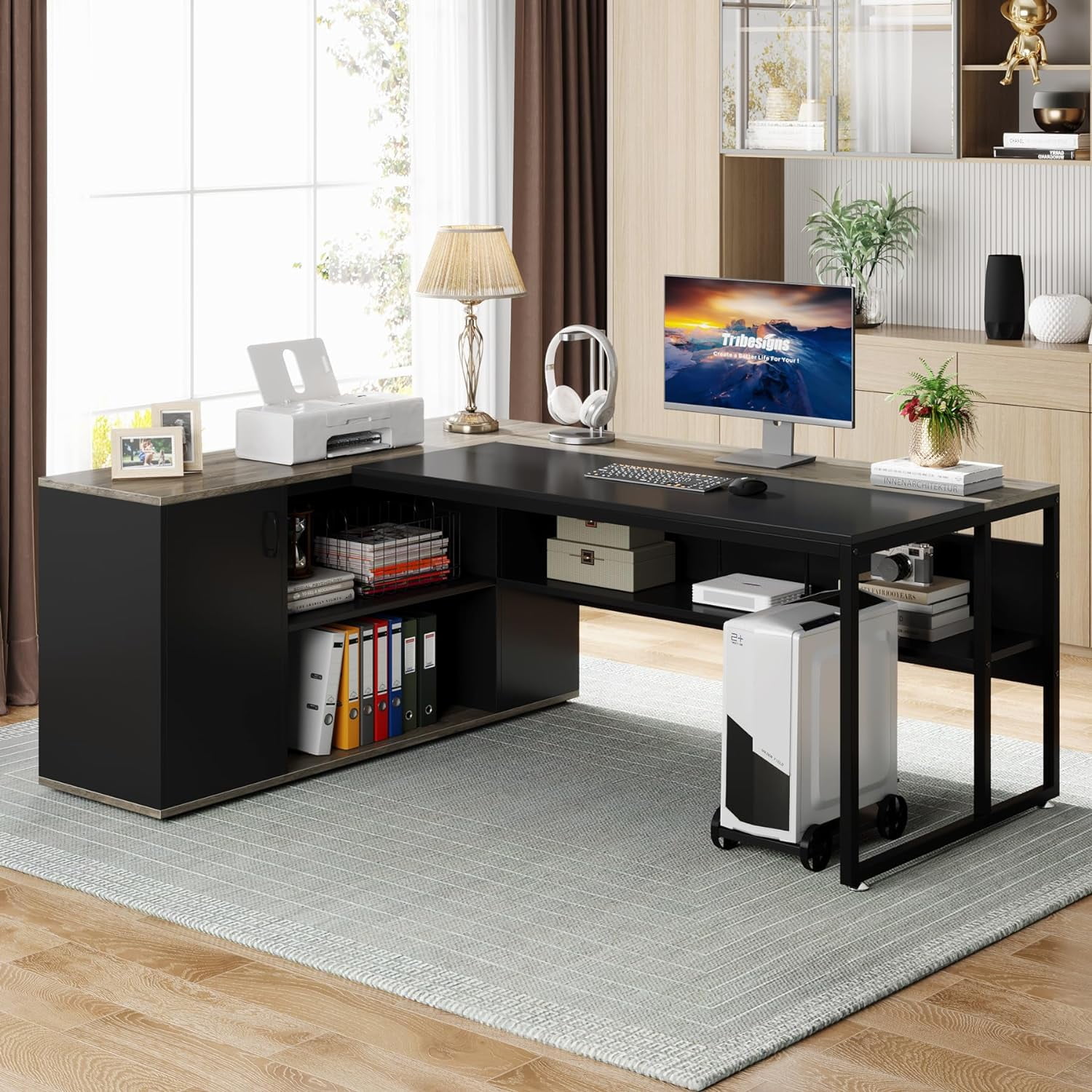 Tribesigns 71 inch L Shaped Executive Desk with Cabinet Storage, Rustic Brown Business Furniture Desk Workstation with Shelves for Home Office