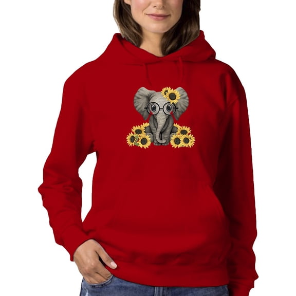 Smartprints Womens Graphic Hoodie Red - Lovely Elephant With Sunflowers Cotton Blend Classic Fit