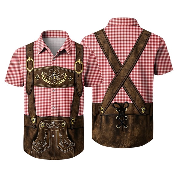 Men's Traditional Bavarian Oktoberfest Shirt, Lederhosen Plaid Print Button Down Shirt Tops