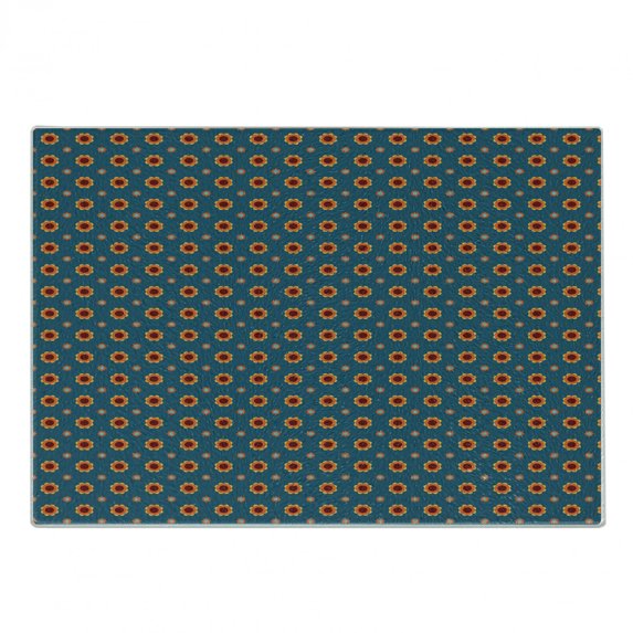 Floral Cutting Board, Continuous Symmetric Pattern with Flowers and Sun Motifs Print, Decorative Tempered Glass Cutting and Serving Board, in 3 Sizes, by Ambesonne