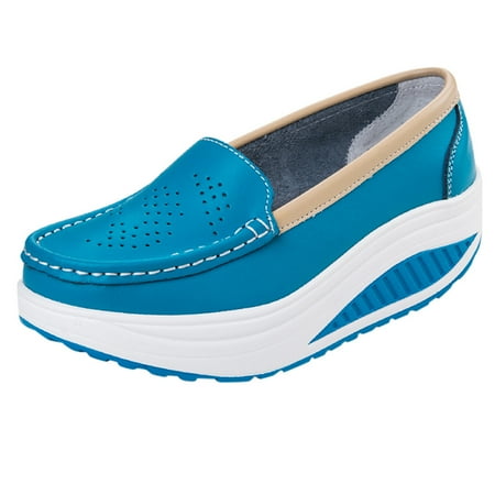 

iOPQO Women s Wedges Women s Fashion Casual Solid Slip On Wedges Thick Bottom Platforms Work Shoes Ladies Breathable Thick Sole Blue 36