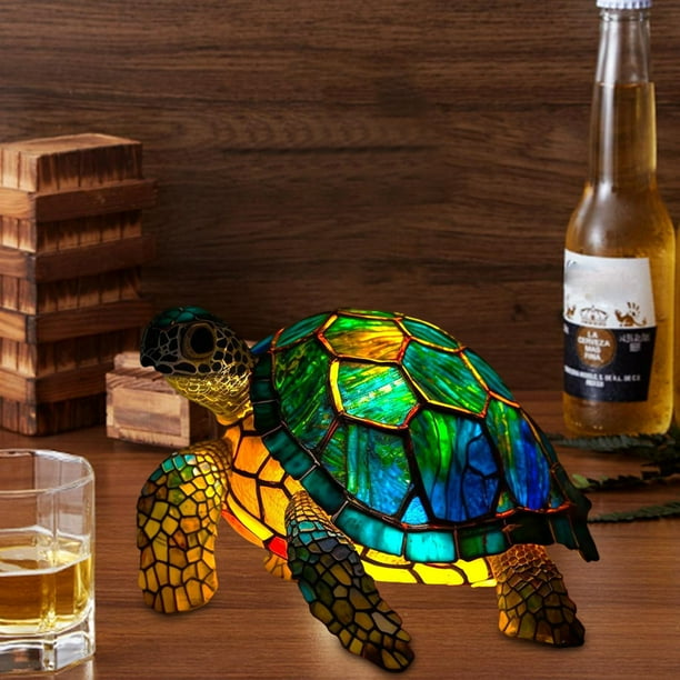 Lámpara de vidrieras Luz de mesa retro, vitral de resina, luz de noche, adorno para el hogar (tortuga marina)