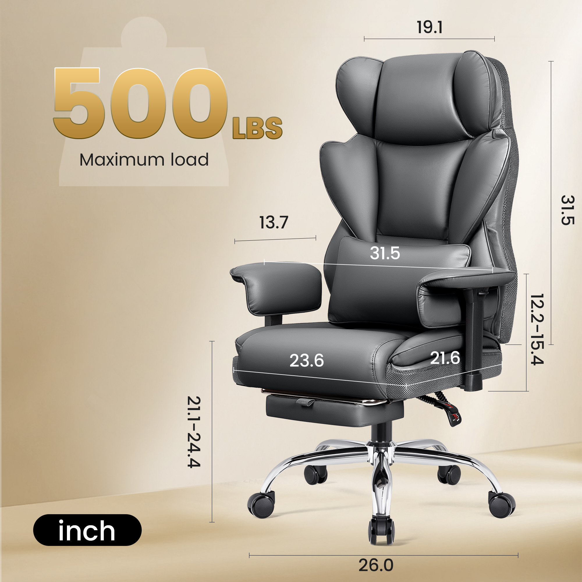 COOLHUT Large Executive PU Leather Office Chair with Adjustable Armrests and Footrest, High Back and Lumbar Support, Ideal for Big and Tall Users, Perfect for Home Office or Computer Desk Use, Gray