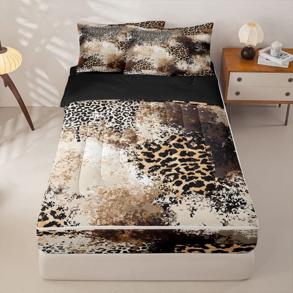 Homewish Brown Leopard Print Zipper Twin Comforter Sets with Fitted Sheet and 2 Pillowcases,Abstract Artwork Zipper Bedding Set,Black Reversible,4pcs