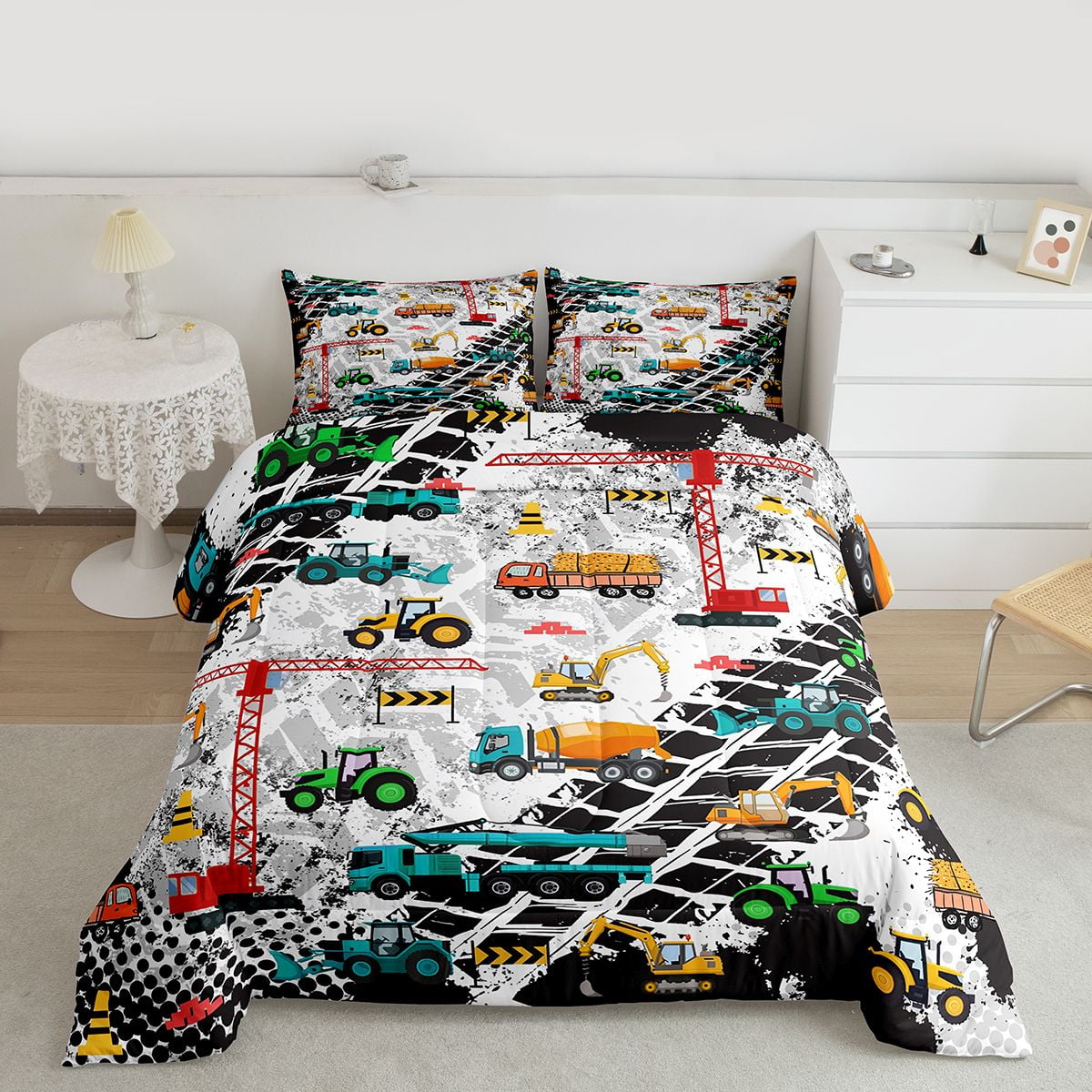 Manfei Cartoon Excavator Vehicle Queen Comforter Set,Equipment Truck Crane Bedding Sets,Retro Geometric Circle Bedding Comforter Set For Boys,Breathable Home Decor Reversible,3pcs