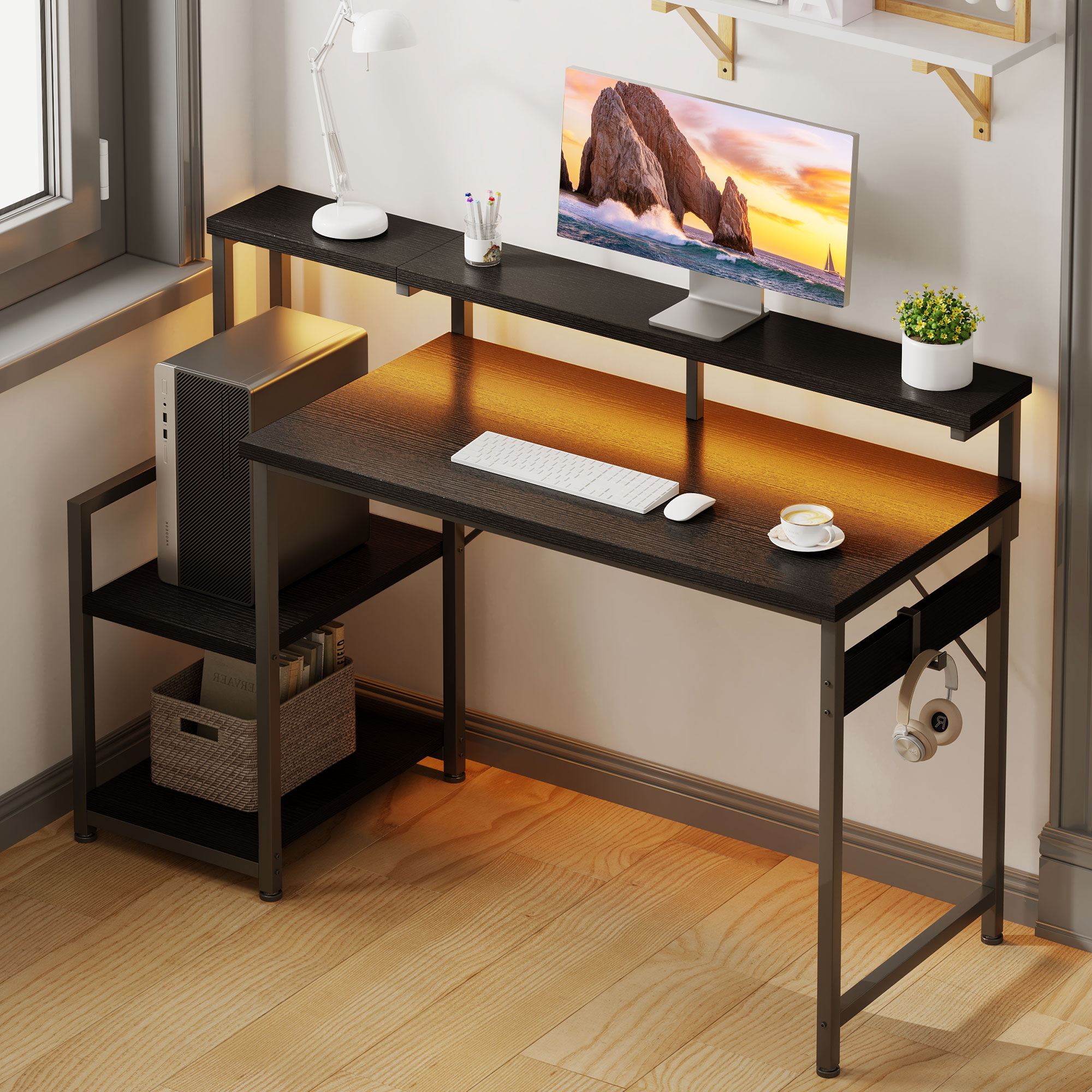 Casacomoda 48" Computer Desk with Monitor Stand and LED Lights, Black photo 6