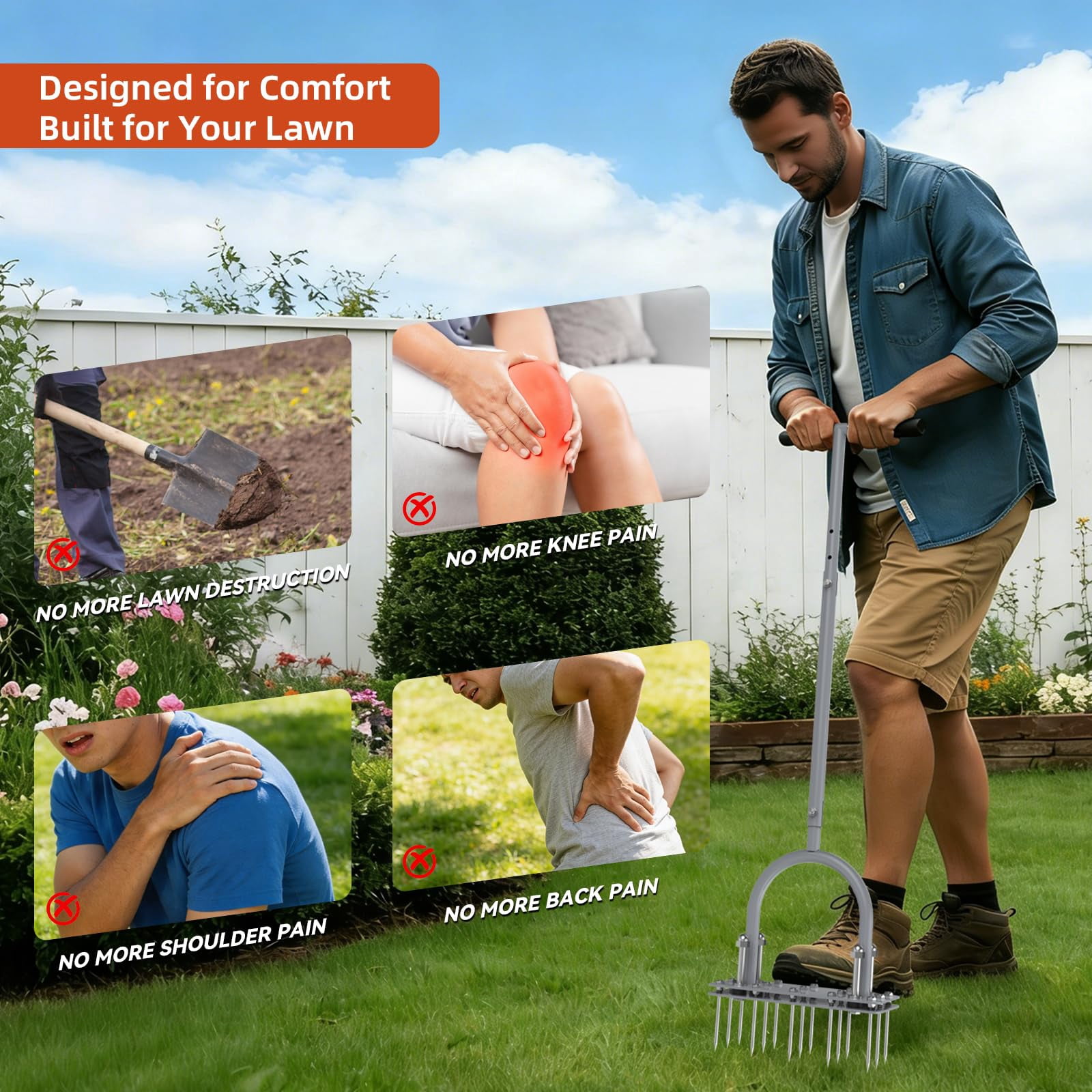 Manual Lawn Aerator Tool With 15 Spikes  32"-35" Adjustable T-handle For Automatic Dirt Ejection Design Heavy Duty Yard Grass Soil Compaction Gray