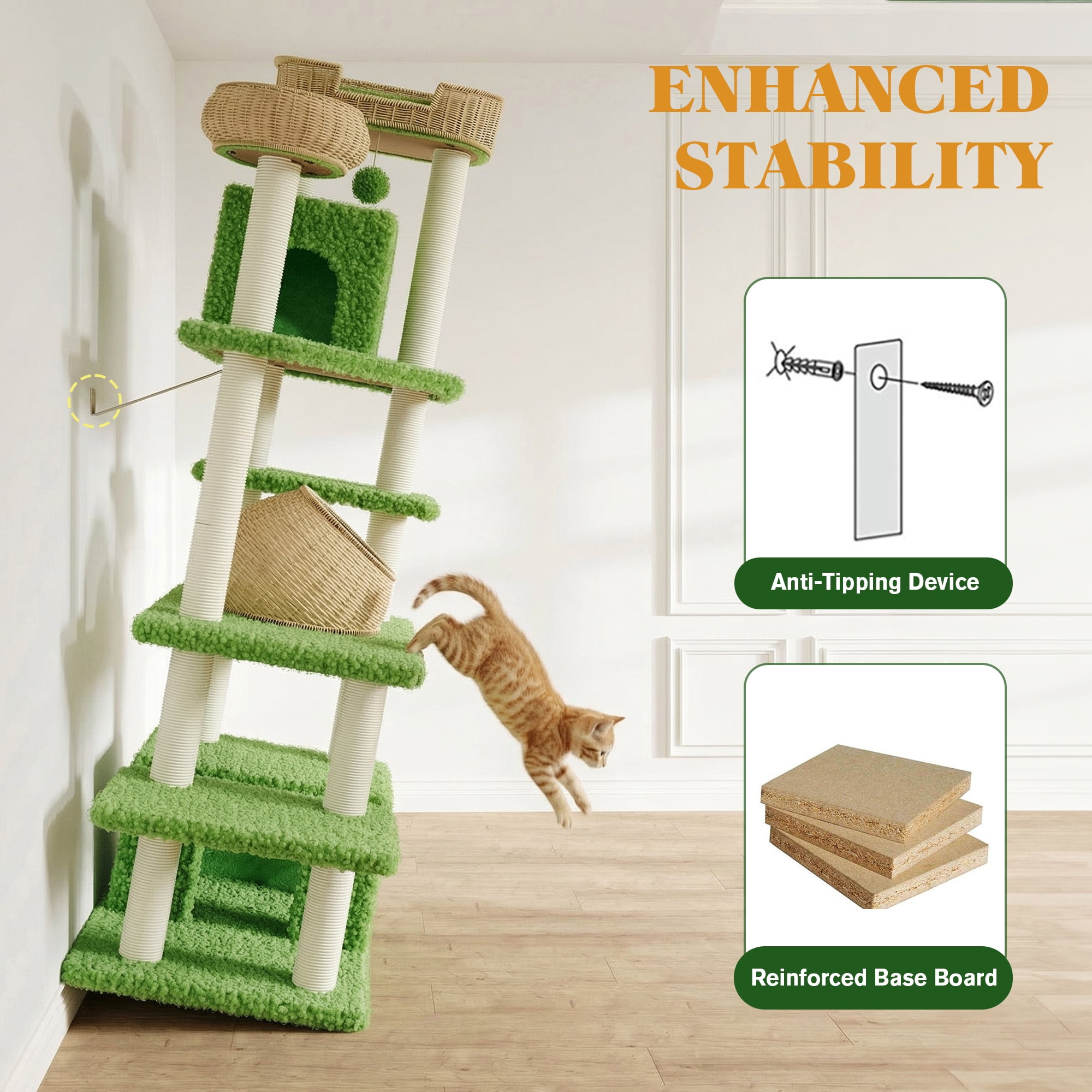 Merrland 74" Cat Tree for Indoor Cats and Kittens, Multi-Level Cat Tower with Teddy Fleece & Rattan Condo, Dual-Sided Cushion Design, Green