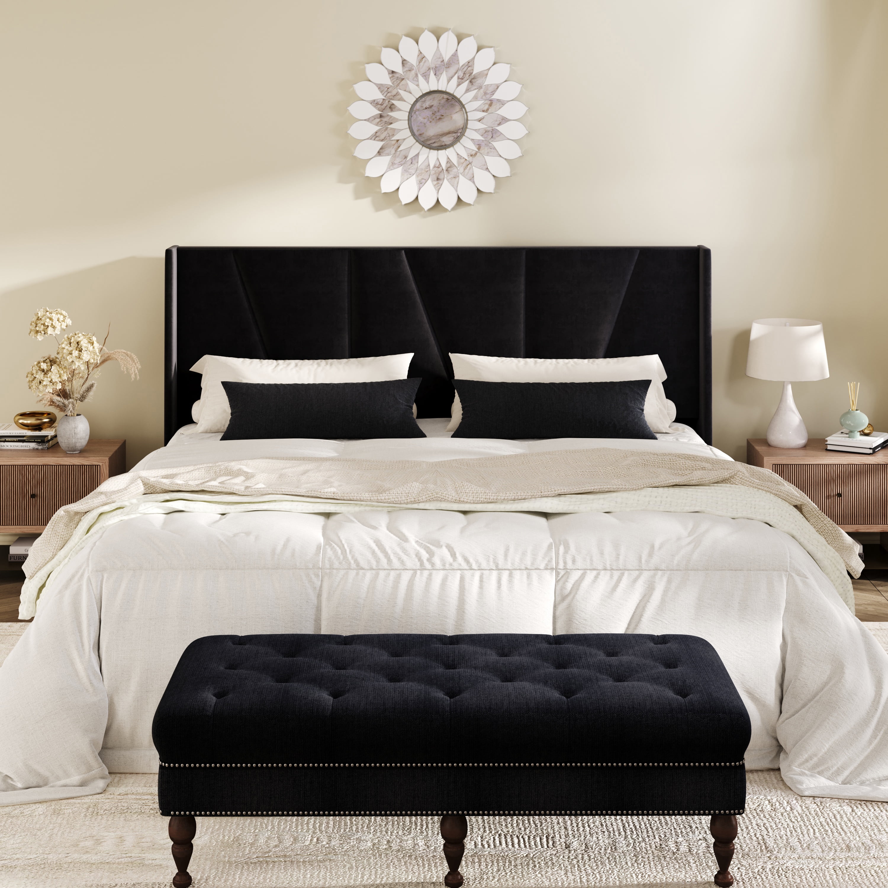Amolife King Bed Frame, Upholstered Platform Bed with Wingback and Geometric Headboard, Black
