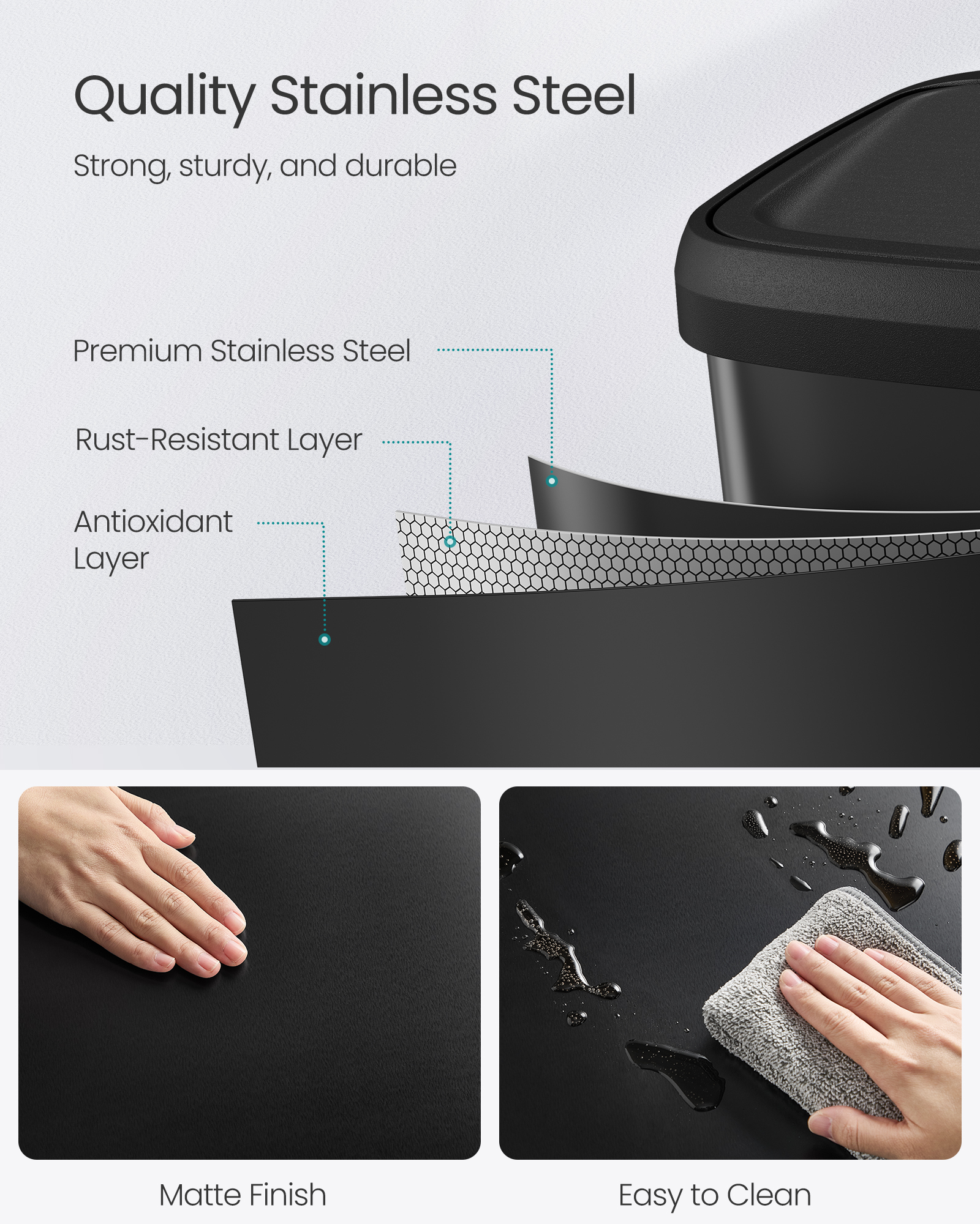 21-Gallon Stainless Steel Trash Can - Large Kitchen Bin with Odor Control, Stay-Open Lid & Wide Pedal, Space-Saving Design, Black