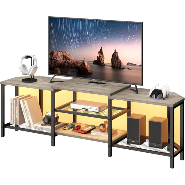 67-pulgada grande mesa de TV con LED lights ideal para 55/65/75-pulgada tvs esquina entertainment center power outlets 4 abiertos almacenamiento estantes media consola sala estar o dor...