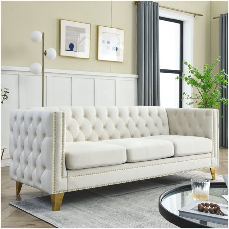 JERFIT Modern Chesterfield Sofa 84" Velvet Couch for Living Room with Tufted Back, Square Arms and Metal Legs, Beige