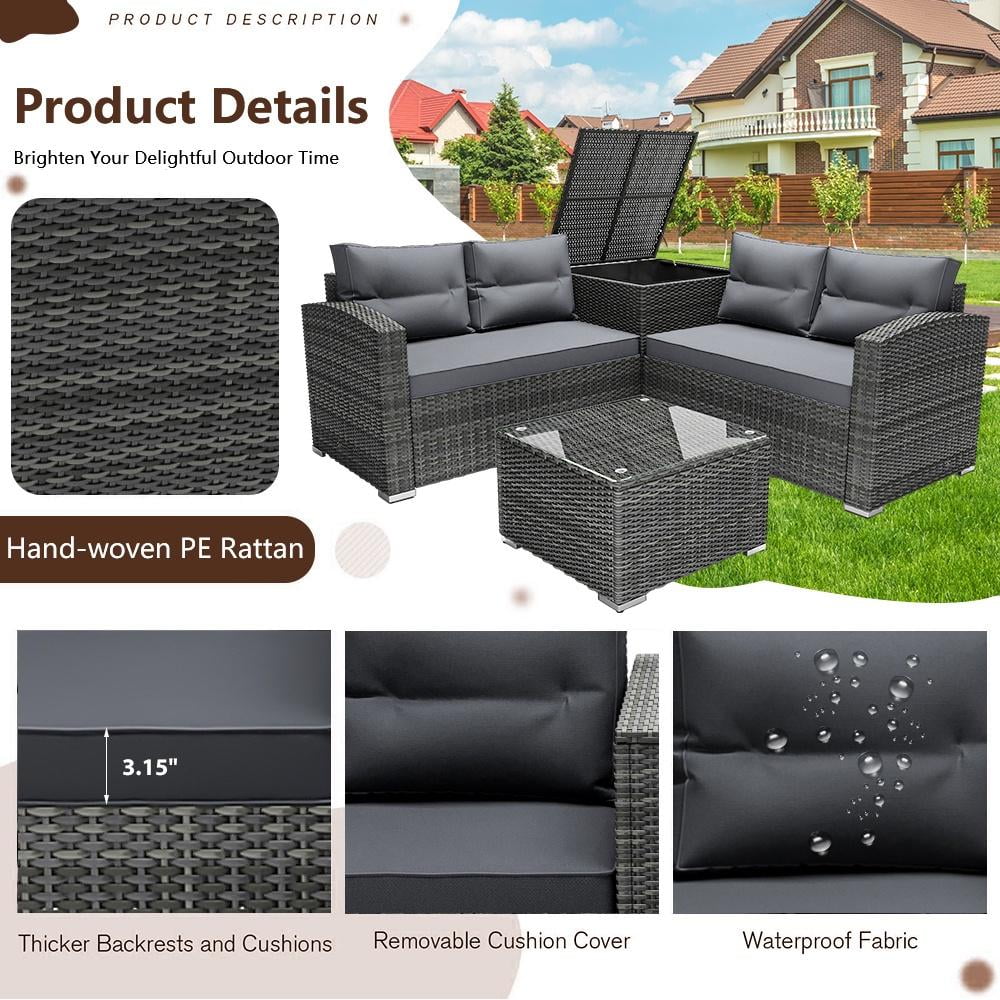Rattan Patio Sofa Set, 4 Pieces Outdoor Sectional Furniture Set, All-Weather PE Rattan Wicker Patio Conversation Set, Cushioned Sofa Set with Glass Table & Storage Box for Patio Garden Poolside Deck