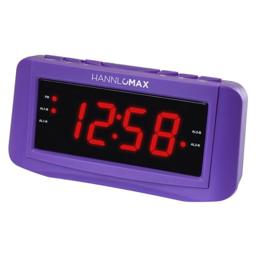 HANNLOMAX HX-117CR Radio despertador, radio PLL AM/FM, pantalla LED roja de 1,2", alarma dual, despertador con radio o zumbador (púrpura)