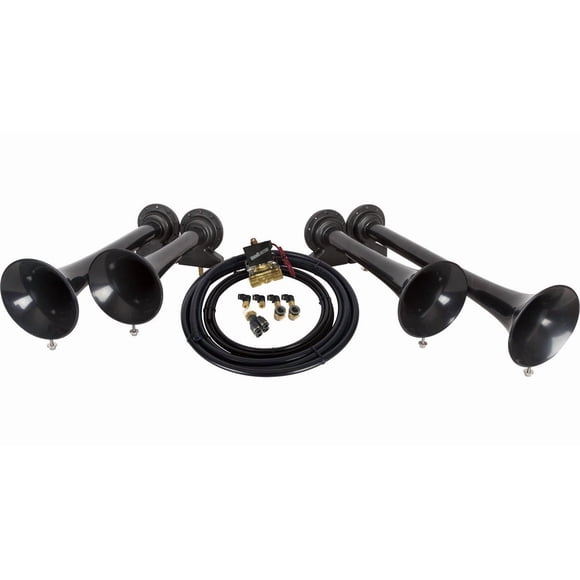 Horn Blasters Air Horn AH-S4 Shocker XL; Single Tone; 4 Round Trumpet; Longest Trumpet 19.5 Inch Length; Black; Steel; Includes 4 Horns/Electric Air Valve/Air Lines/Fitting/Mounting Hardware