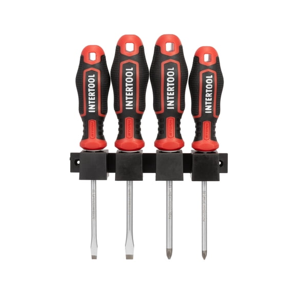 INTERTOOL 4-Piece Magnetic Screwdriver Set, 2 Phillips, 2 Flat Head, Professional Cushion Grip Handles, High Strength S2 Steel, Rust Resistant, General Purpose Repair, Home Improvement Kit VT08-3434
