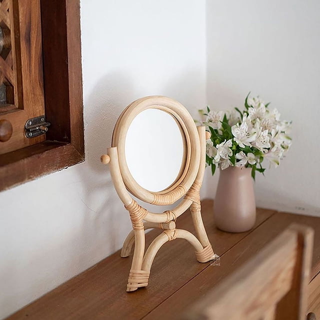 ELAYARD 1Set Rattan Vanity Mirror Tabletop Makeup Decorative Rustic Style Stable Standing Space-Saving