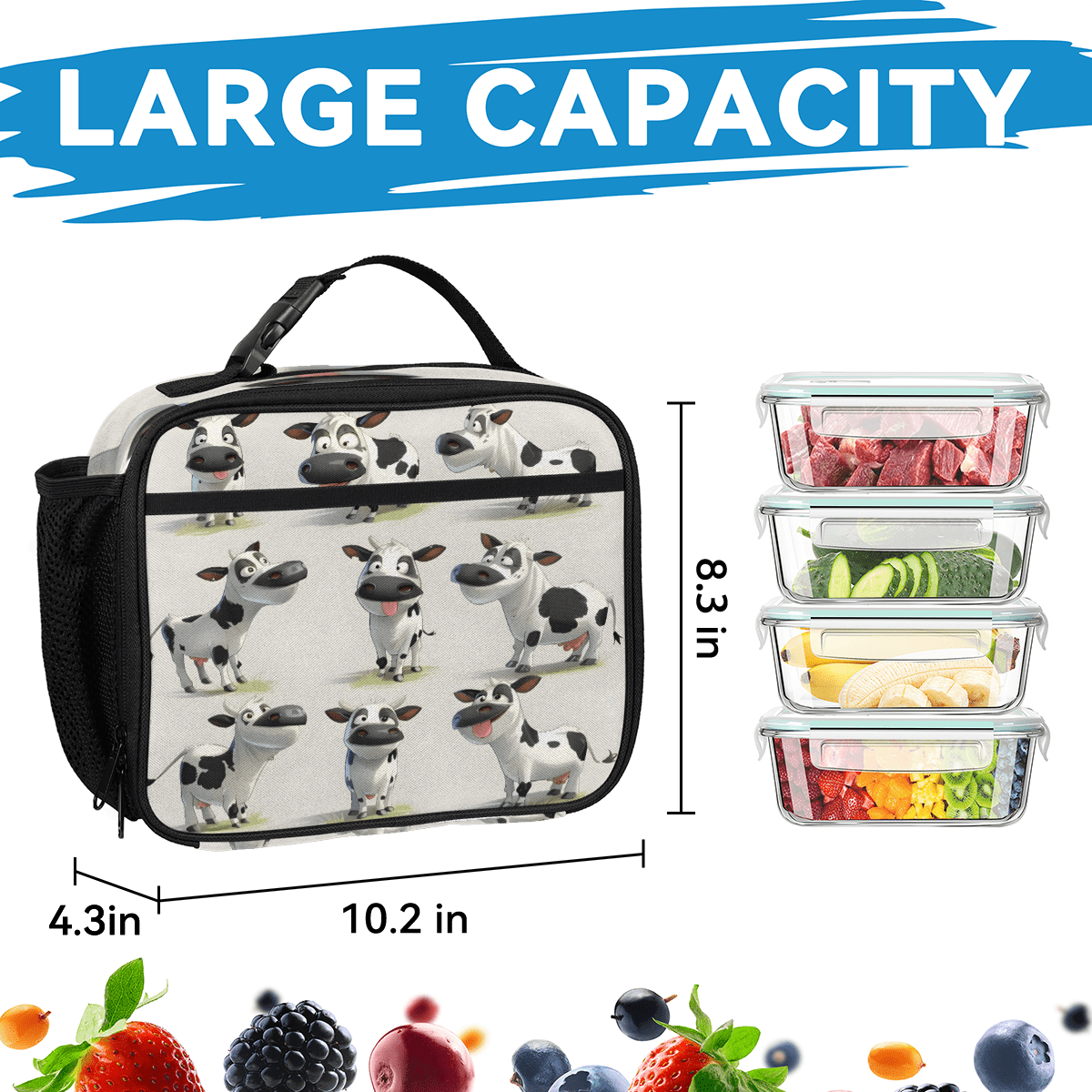 Herdesigns Cow Farm Animal Large Backpack Set with Lunch Box Lightweight Water Resistant Travel Laptop Backpacks Casual Daypacks for Women Men