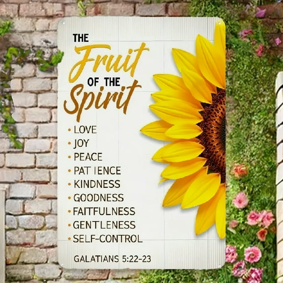 1pc Sunflower Metal Wall Art - 'Fruit of the Spirit' Inspirational Quote Sign with Galatians 522-23 Design - Rustic Home Decor for Living Room, Kitchen, or Bedroom - 12x8 Inches, Easy Hang Retro Wall