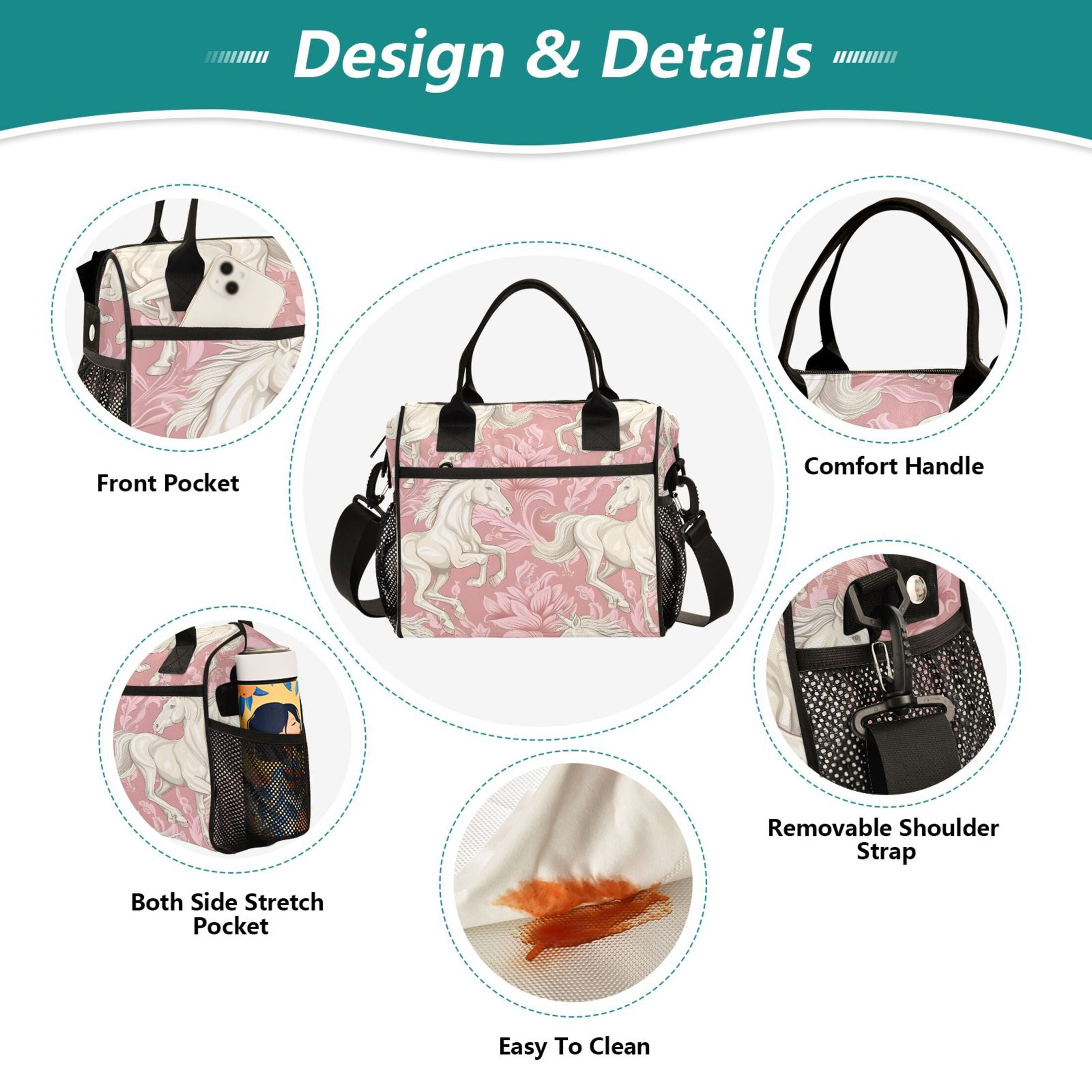 Elegant Horse with Flower Lunch Bag Insulated Lunch Box Leakproof Reusable Cooler Tote Adjustable Shoulder Strap for Men Women 9L