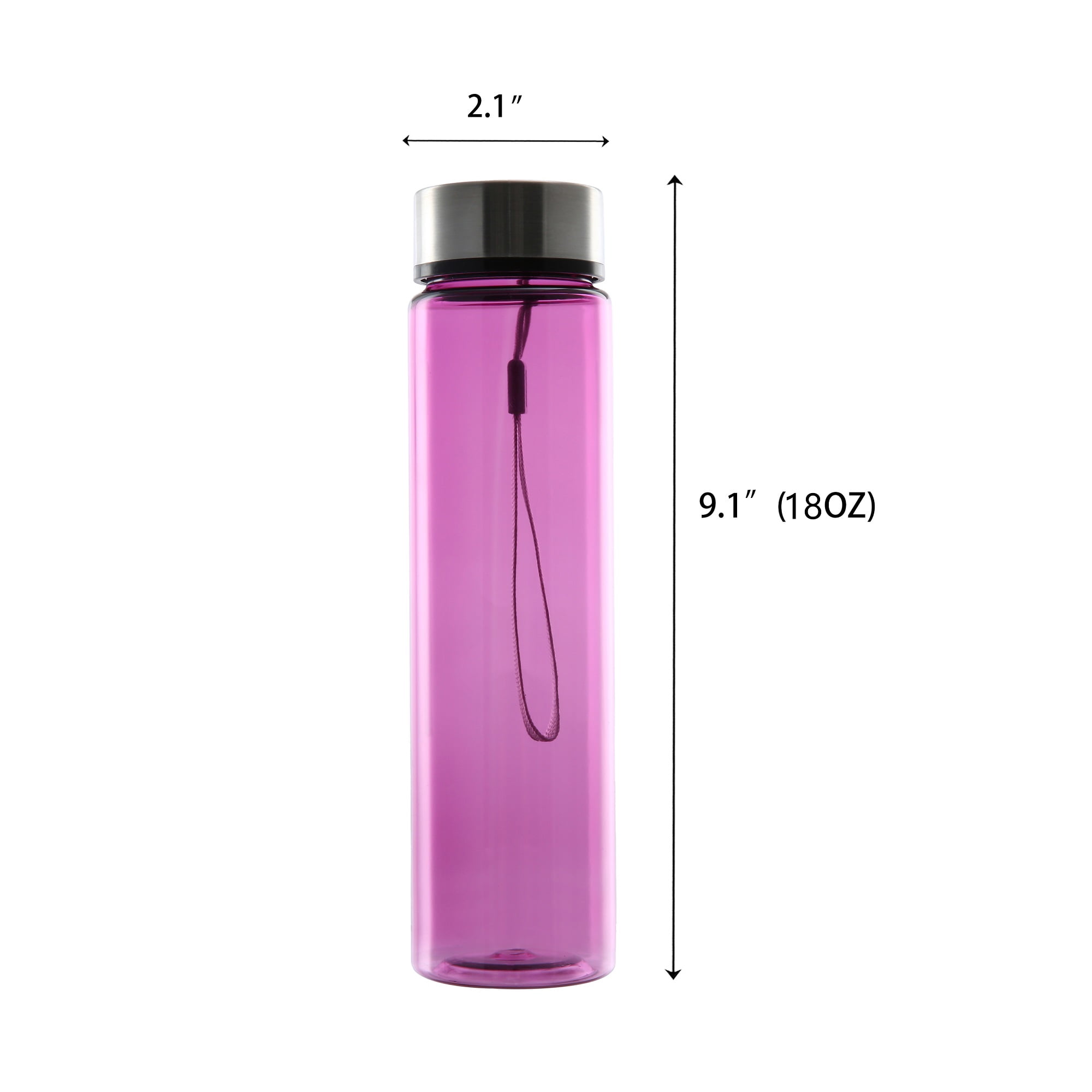 Mainstays 18 oz Plastic Purple Water Bottle Stainless Steel Screw Cap Lid with Strap, 1 Each Included