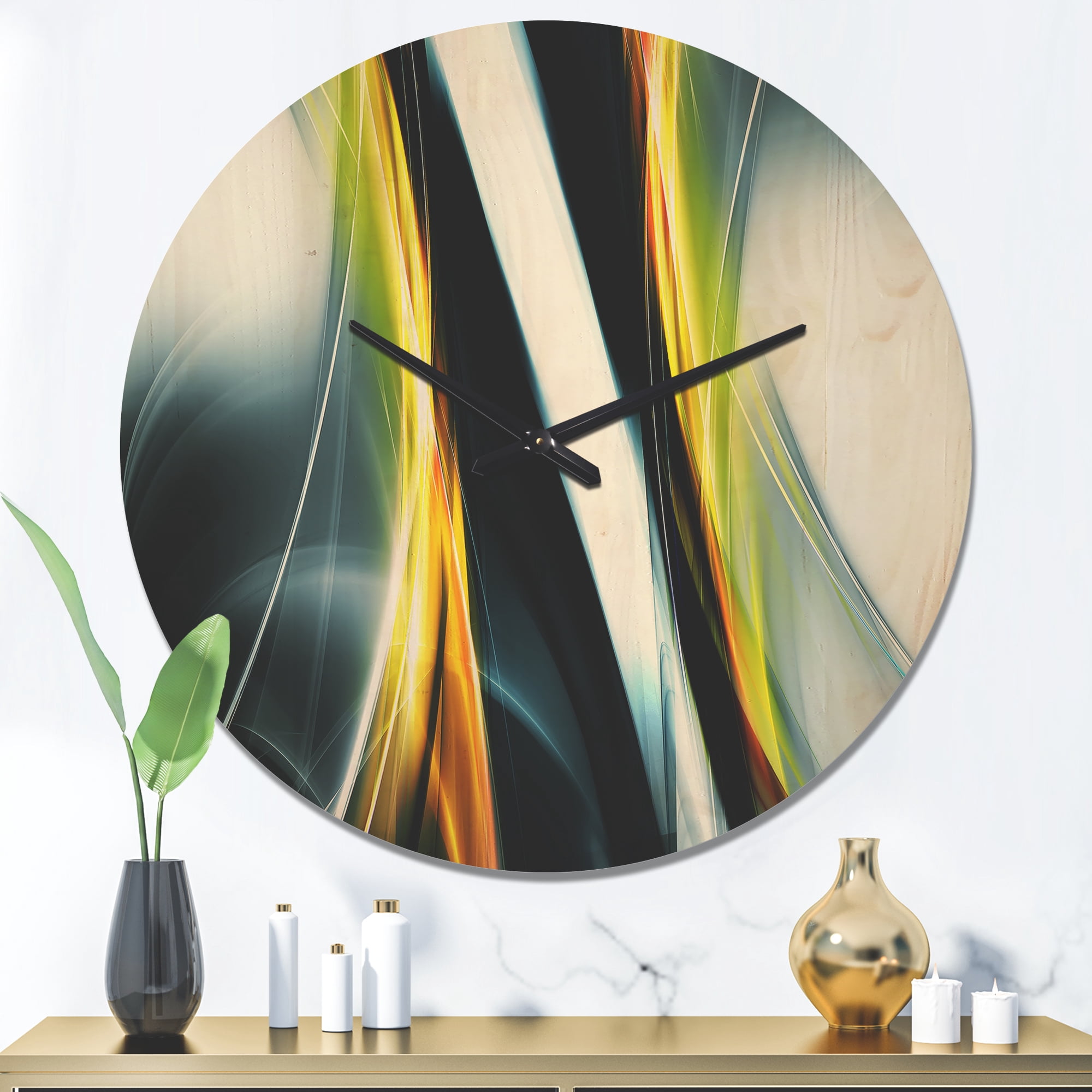 Designart 'Yellow White Fractal Lines' Modern Wood Wall Clock