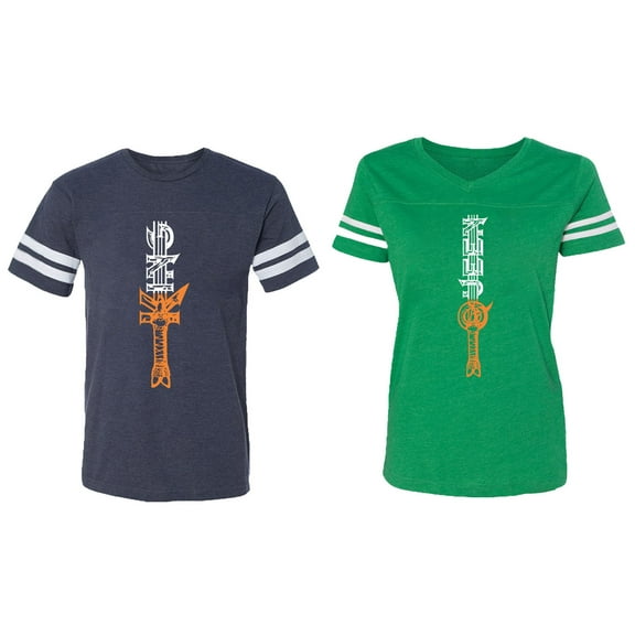 King Queen Sword Matching Couple Cotton Jerseys (Men Navy / Women Green) (Men S / Women XXL)