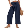thumbnail image 4 of Nhthy Women's Summer High Waist Tie Waist Long Pants, Solid Loose Fit Wide Leg Capri Trousers with Pockets Dark Blue XL, 4 of 9