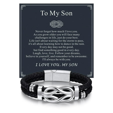 Bandmax 8.26'' Black Leather Bracelet for Men Infinity Knot Leather Cuff Love Link Bracelet Father's Day Birthday Gift with Card for Son