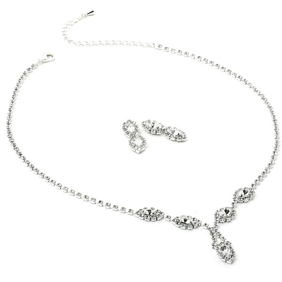 Silver Crystal Rhinestone and Oval Crystal Stone Necklace and Matching Earrings Jewelry Set