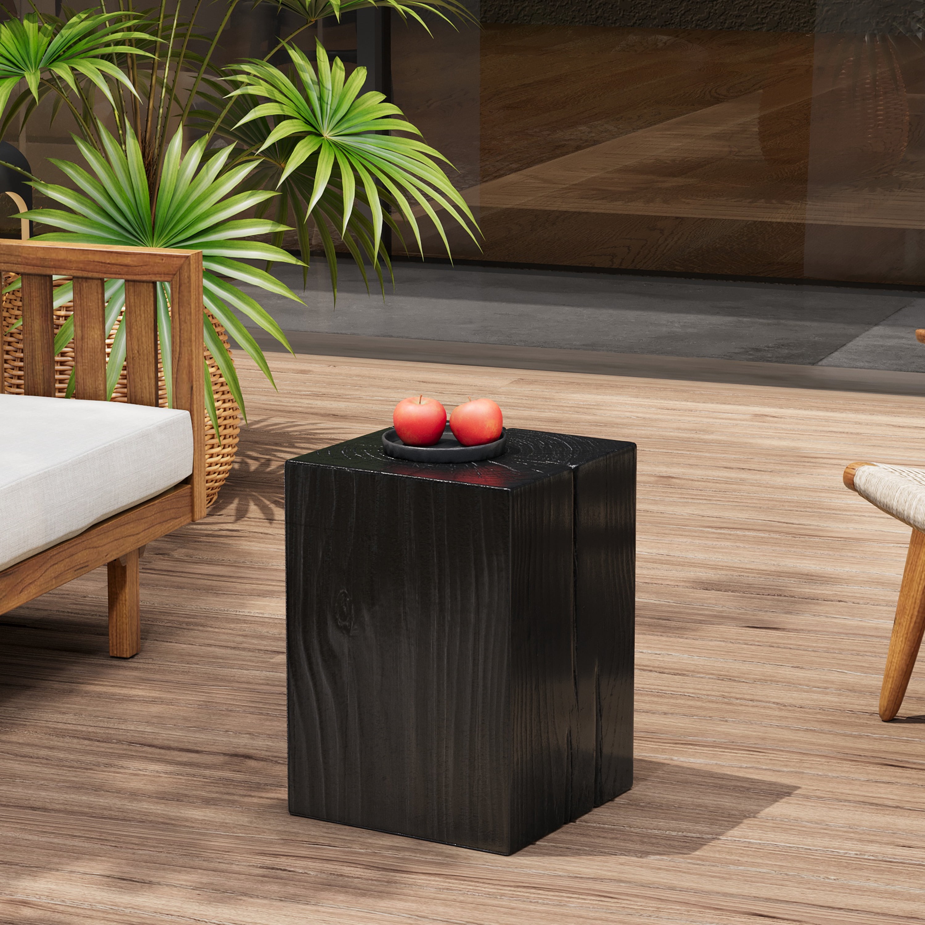 Square-Column End Table, Wood-Look Table for Indoor Outdoor Use, Black