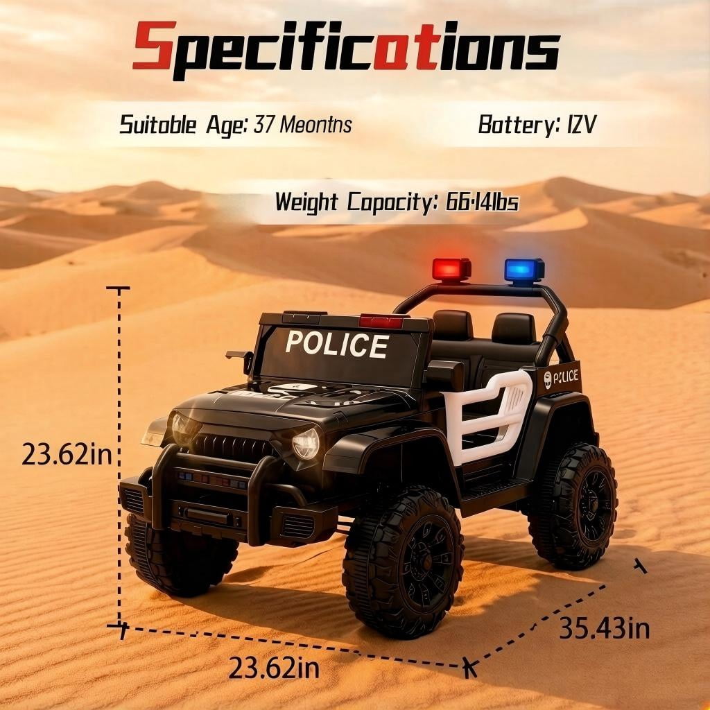 Xuanlur 12V Kids Ride on Car with Remote Control, Ride on Toys w/ Dual Drive, Four-Wheel Suspension, Bluetooth Music, LED Lights, USB, Shock Absorption, Toys Car for Kids Aged, Black Police Car