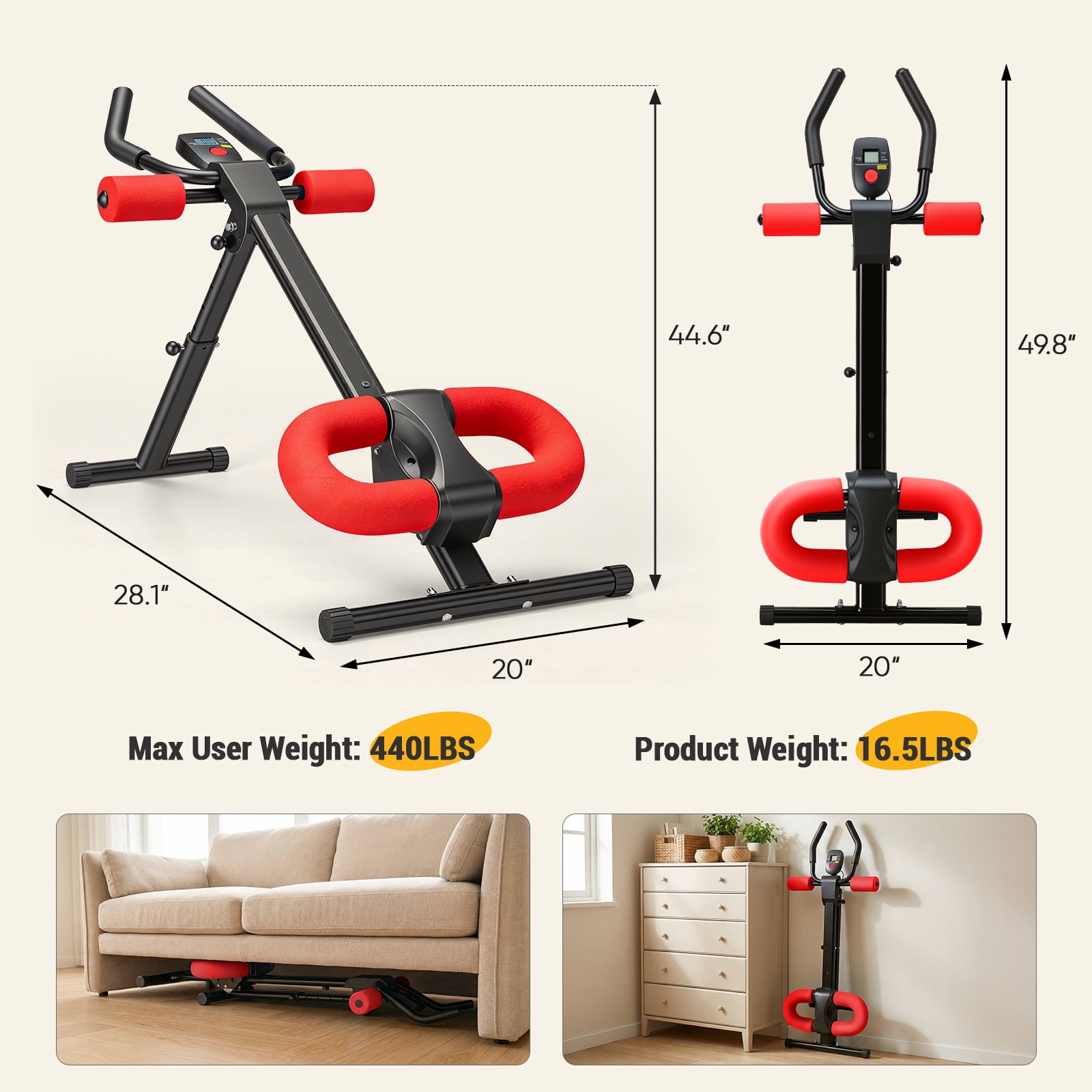 EDX Ab Machine for Home Gym, Adjustable Ab Workout Equipment with LCD Display, Foldable Core Trainer, 440 lbs Capacity, Red