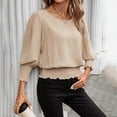 thumbnail image 5 of Uootdi Elastic Cinched Waist Tops for Women 3/4 Length Puff Sleeve Smocked Tops Banded Bottom Dressy Business Casual Outfits, 5 of 7