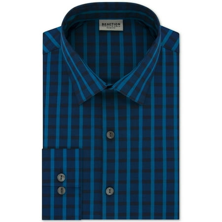 Reaction Kenneth Cole Mens Dress Shirt Check Slim Fit Blue 16 1/2