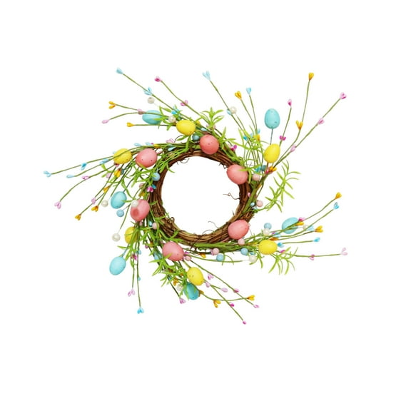 11" Spring Wreath Easter Wreath for Front Door, Warm Rainbow Style with Flowers, Eggs, Green Leaves and Twine, Hanging on Home Indoor Outdoor Front Door Wall Decorations