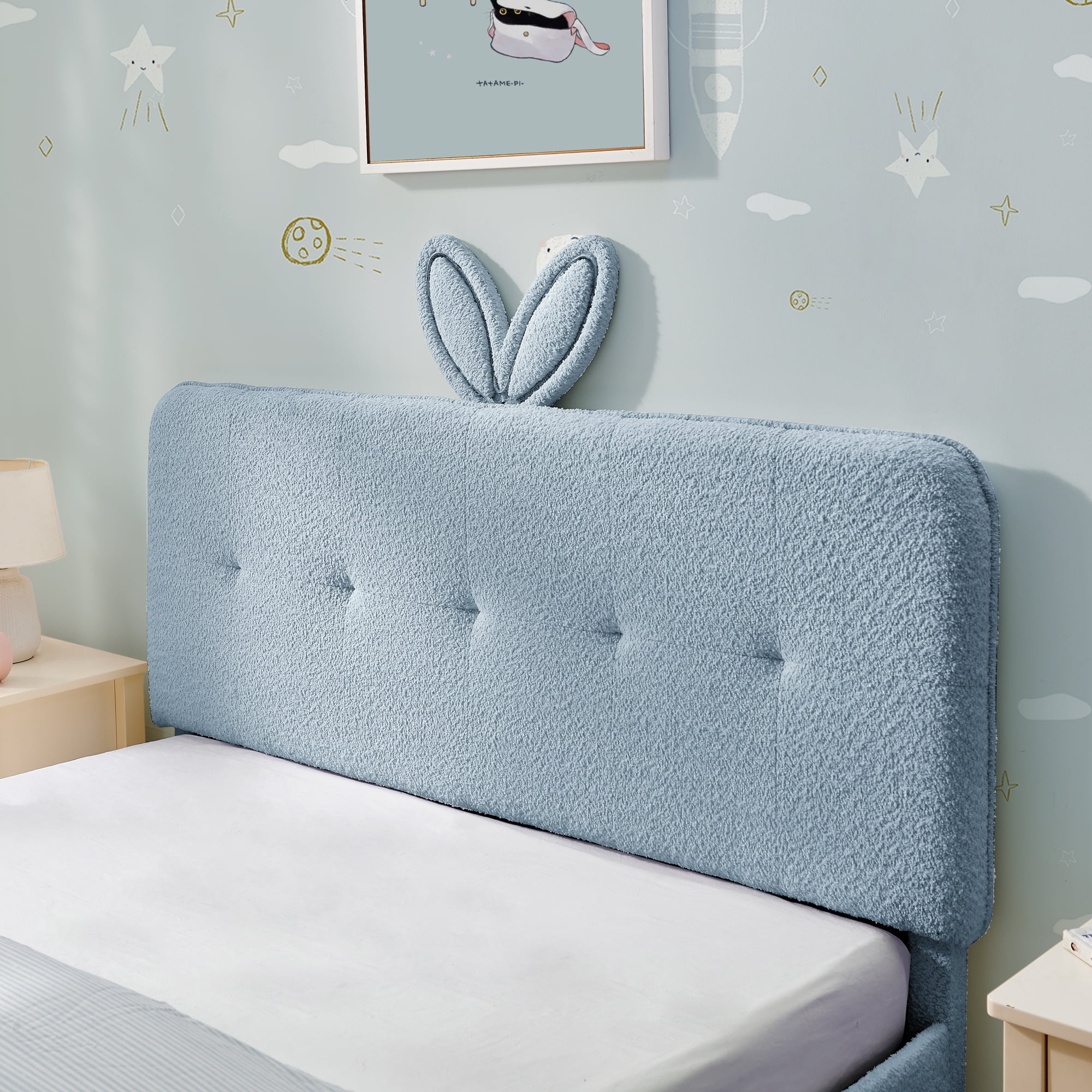 Mintazer Full Upholstered Kids Bed with Oversized Rabbit Ear Headboard, Boucle Fabric Platform Bed with LED Headboard & 4 Storage Drawers, Blue