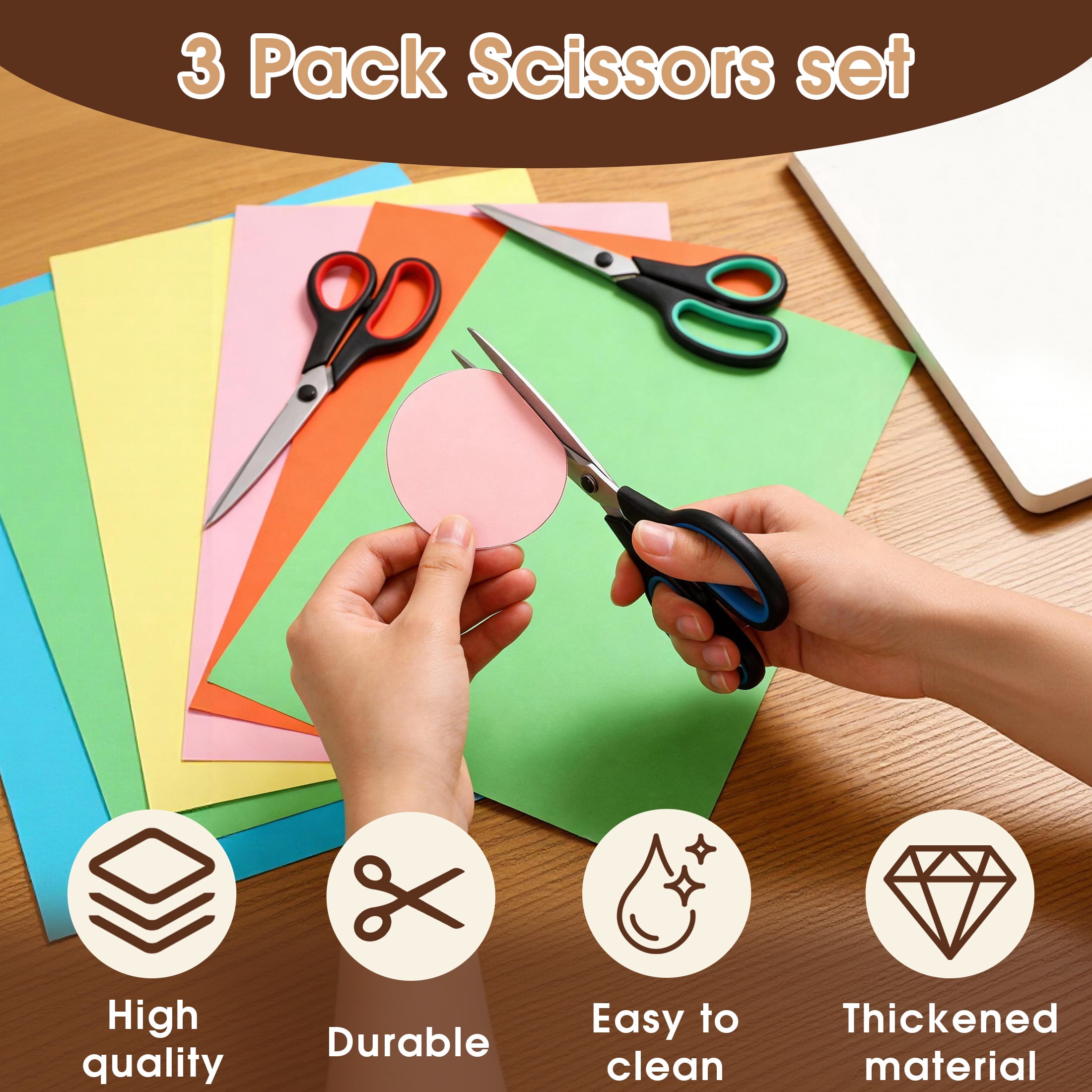 3 Pack Scissors Set, Heavy Duty Stainless Scissors for Daily Use, Sewing Supplies Scissors with Sharp Blades and Comfort Grip Handles, Suitable for School, Office and Family Daily Use