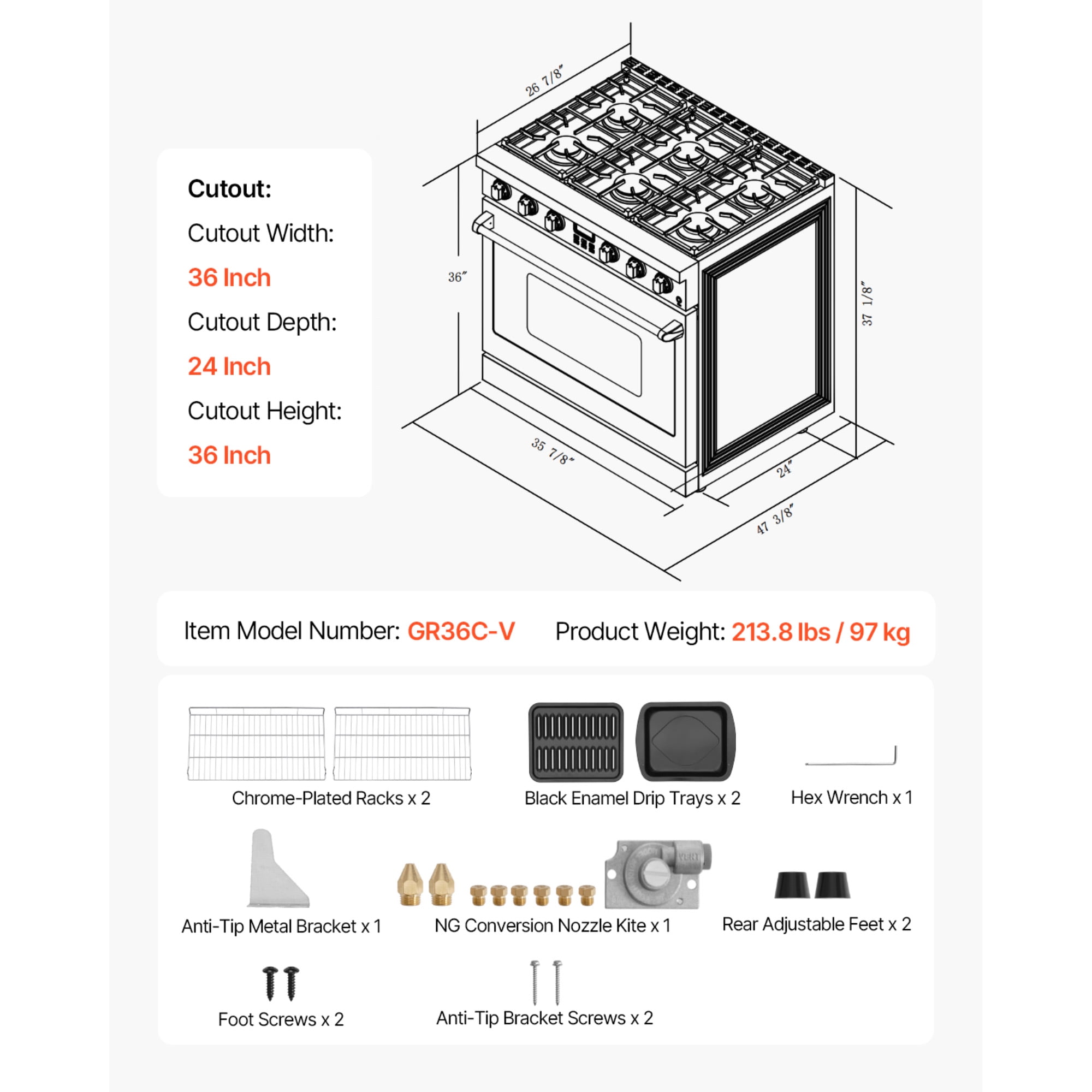 KFFKFF 36-Inch Freestanding Gas Range Oven, Stainless Steel Stove with 6 Sealed Burners, Spacious 6.0 Cu. Ft. Oven, Halogen Lighting, and Convenient Racks for RVs, Apartments, and Mobile Homes