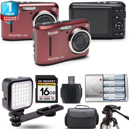 Kodak PIXPRO FZ43 Digital Camera (Red) + Extra Battery + 1 Yr Warranty - 16GB Kit