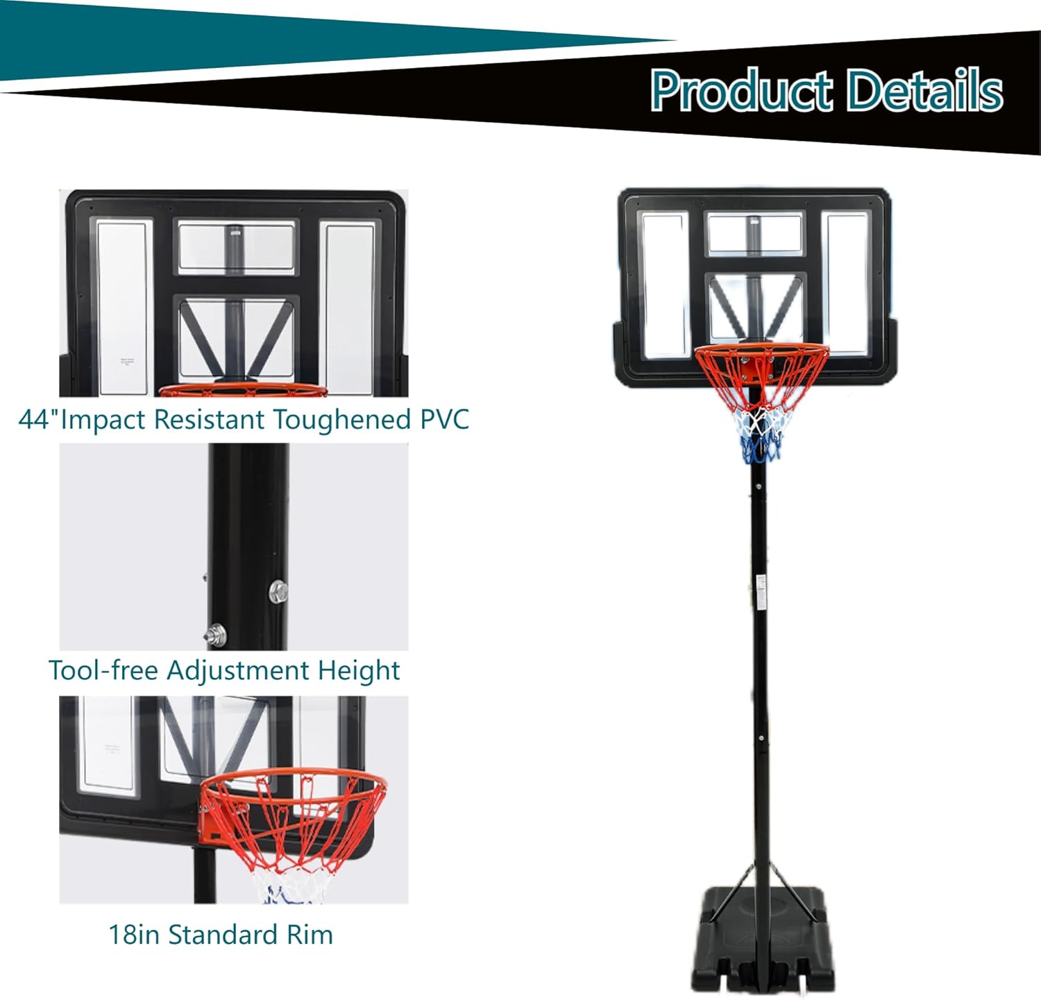 Lumiparty Portable Basketball Hoop Outdoor 5.2-10ft Height, Basketball Hoop Goal System with 2 Wheels, 44 Inch Shatterproof Backboard, Large Stable Base for Backyard