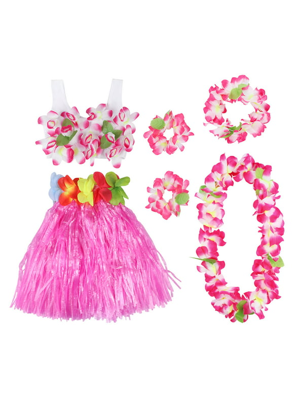 OUNONA BESTOYARD 6Pcs Hawaii Tropical Hula Grass Dance Skirt Kids Flower Leis Bracelets Headband Necklace Bra Set 40cm Pink Skirt