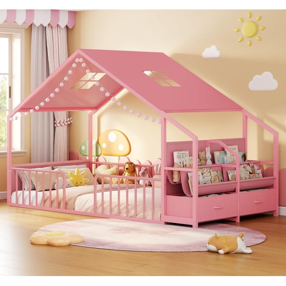 Afuhokles Montessori Twin Floor Bed Frame with Sling Bookshelves & Storage Drawers, House Shape Floor Bed, Pink