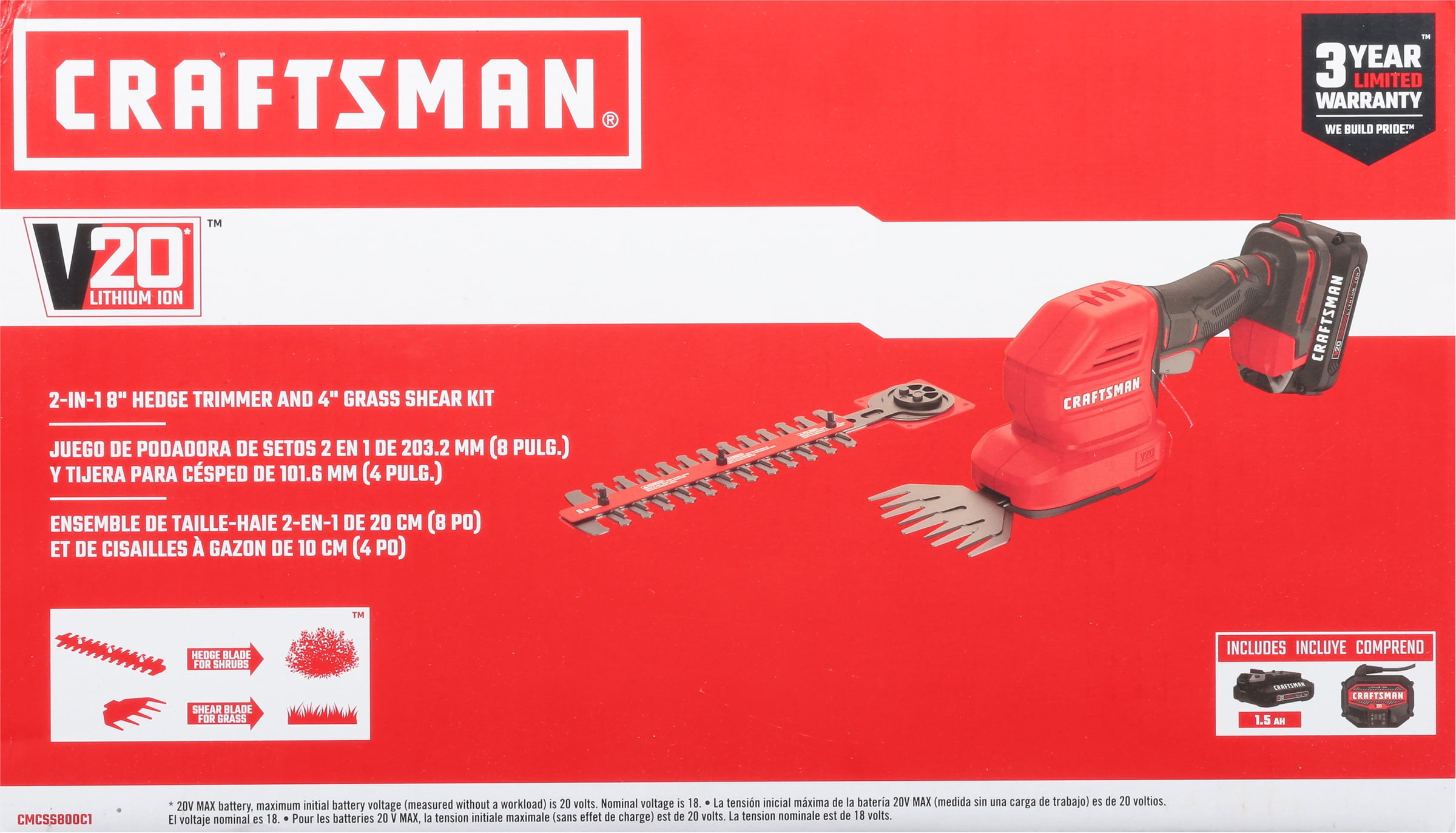 Craftsman CMCSS800C1 8 in. 20 volt Battery Hedge Trimmer Kit (Battery