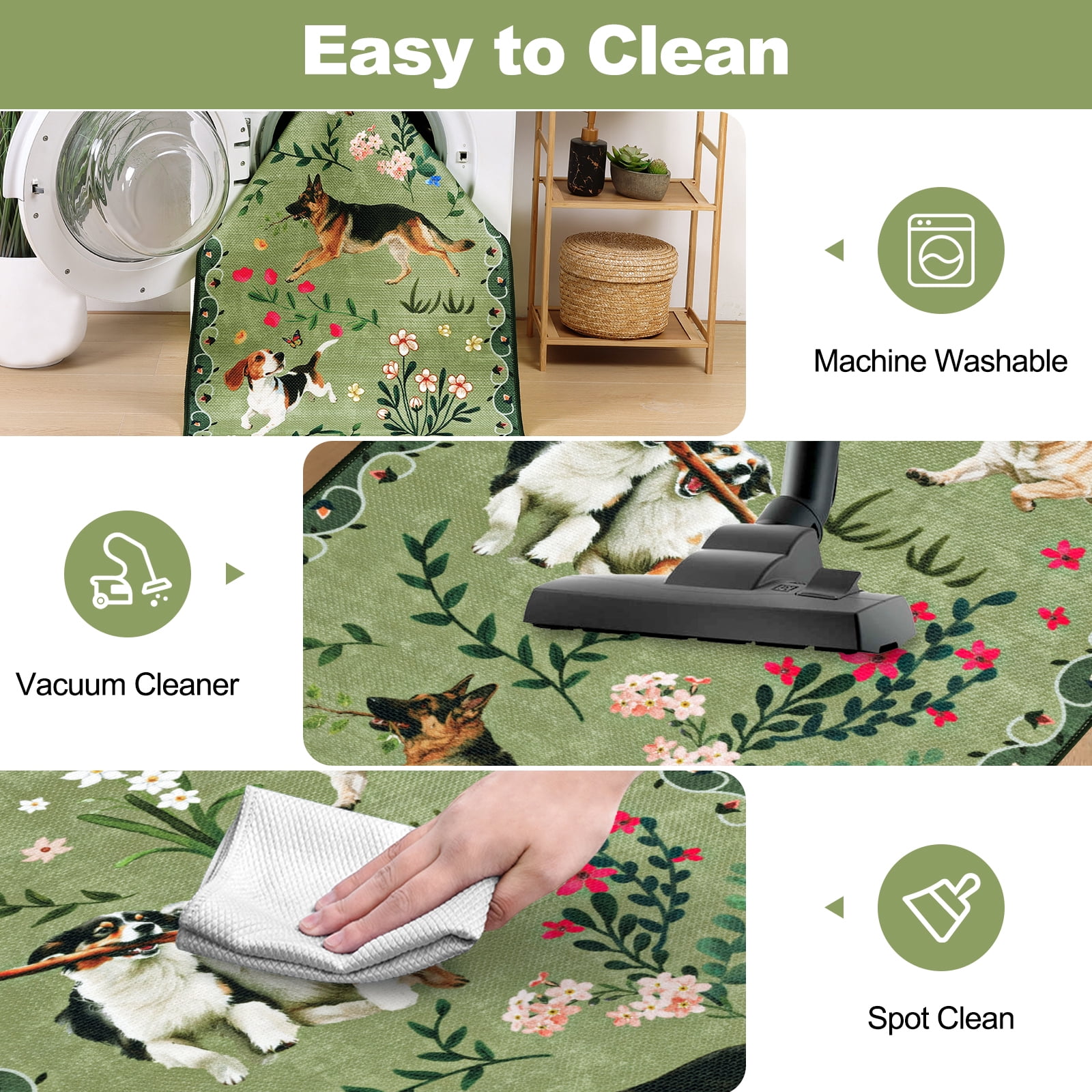 MJIAexp 2'x6' Jute Animal Dog Floral Kitchen Runner Rug,Woven Texture Machine Washable Runner Rug Non-Slip Rubberback Hallway Runner Laundry Rug Throw Carpet for Living Room Bedroom Dining Room Entry