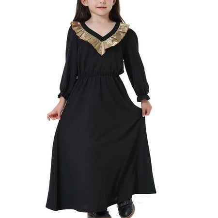 

Muslim Long Dress Medium Big Girls Long Sleeve V Neck Colorblock Dress