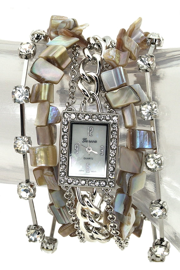 Ladies Silver tone white 22 inches warp bracelet clubbing watch 23 mm CZ case.