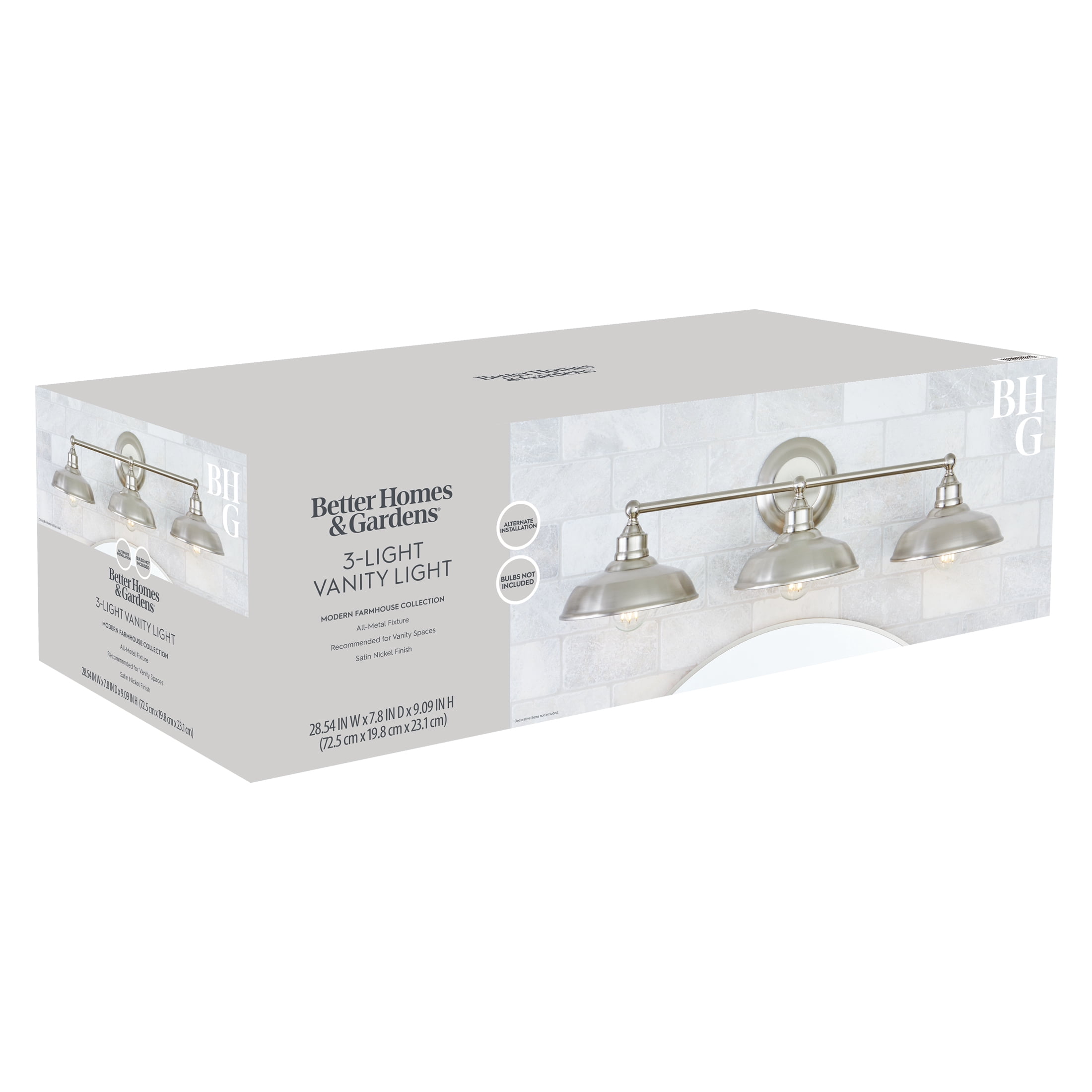 Better Homes & Gardens 28.5" Farmhouse-Style 3-Head Vanity Light , Satin Nickel Finish, E26 Socketed