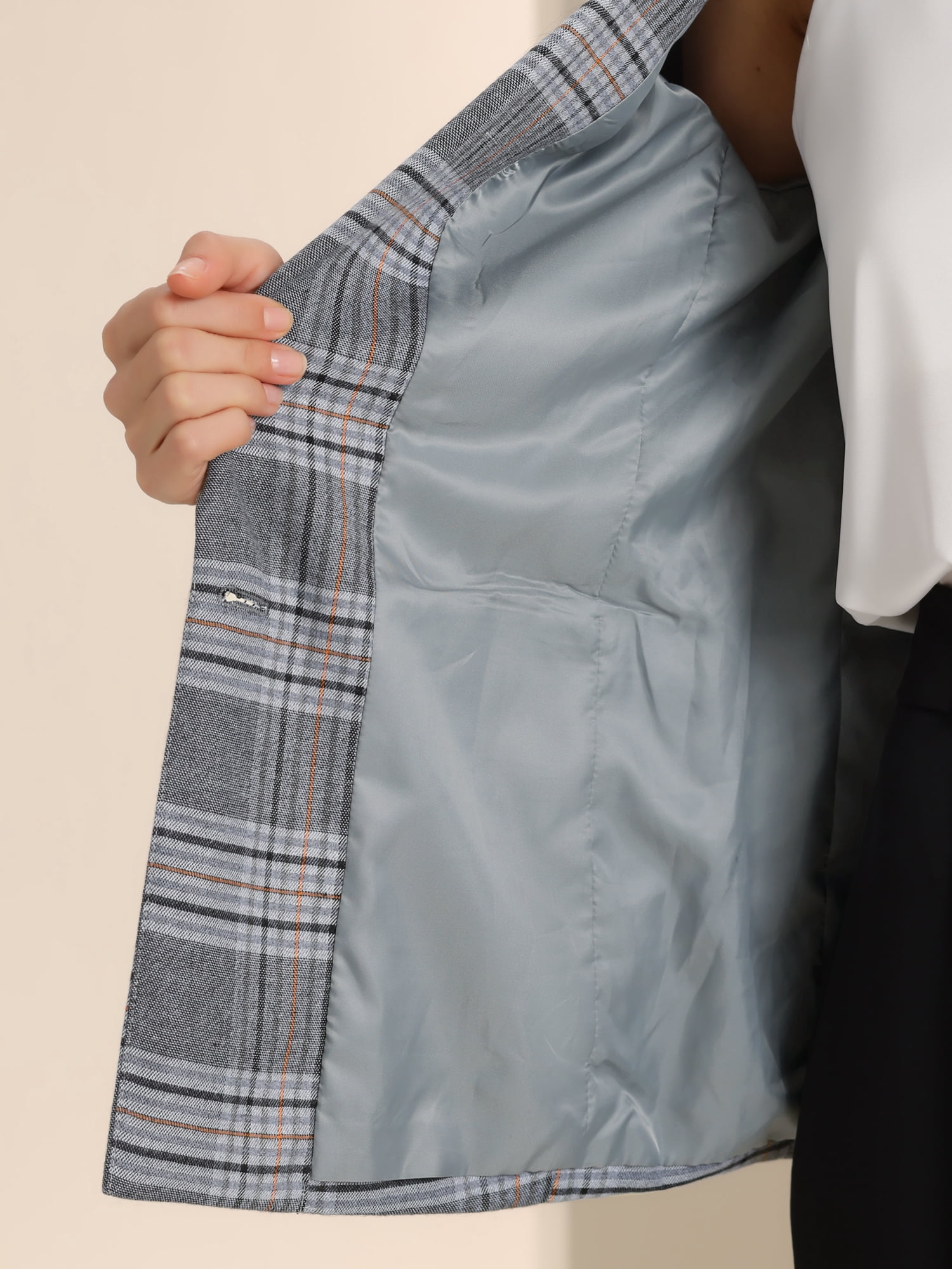 DARING DIVA Women's Plaid Notched Lapel Blazer S Grey